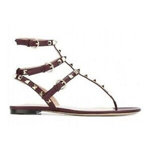 Valentino Rockstud Red Burgundy Leather Triple Strap Gladiator Flat Sandal 35
